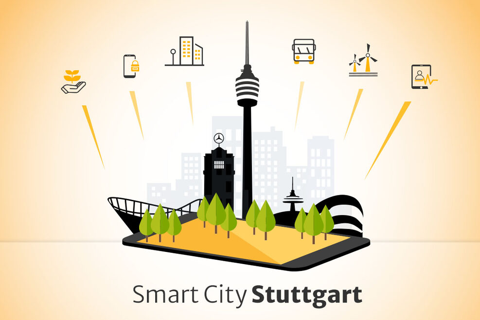 Graphic showing which areas belong to a smart city in Stuttgart, for example: Mobility, environment, energy, construction, etc.